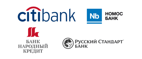 Логотипы «CityBank», «Номос Банк», «Банк Русский Стандарт» и «Банк Народный Кредит».